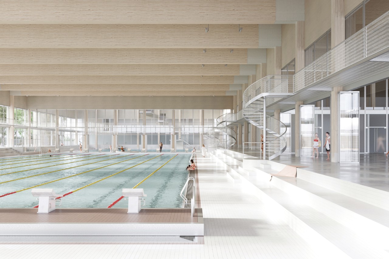 Visualisierung Schwimmbereich Wettkampfbecken Sportzentrum Oerlikon Siegerprojekt AMMONIT (Visualisierung: studio blomen, Zürich)